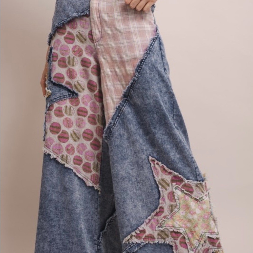 Blue Velvet Contrasting Patchwork Denim Wide-Leg Pants Size M NWT Sealed Bag